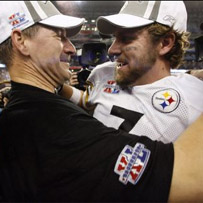 Ben and Coach Cowher celebrate their Super Bowl win, February 5, 2006. 